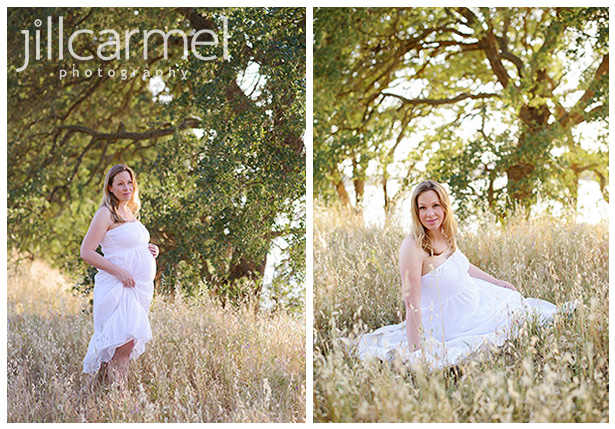 outdoor maternity session by the river under the oak trees with white flowy dress