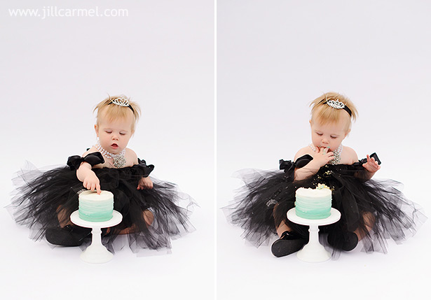 audrey smashes her blue cake for her breakfast at tiffany's themed birthday party