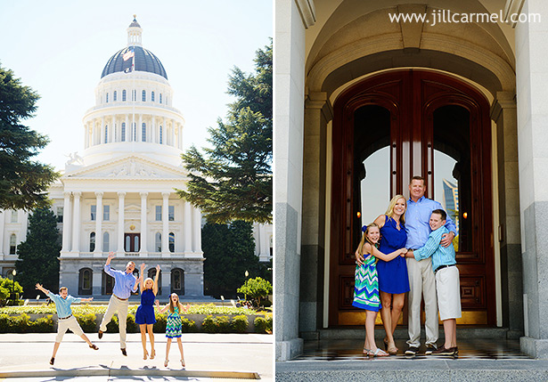 goofy silly family picture jumping in front of the california capitol in sacramento