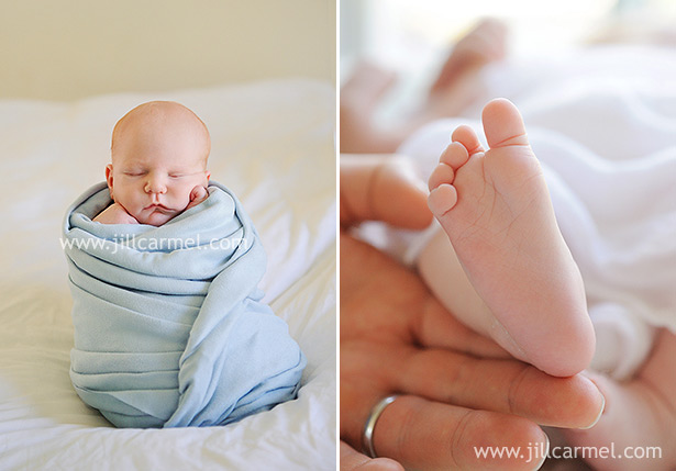 sack pose newborn baby with light blue swaddle and close up of baby foot