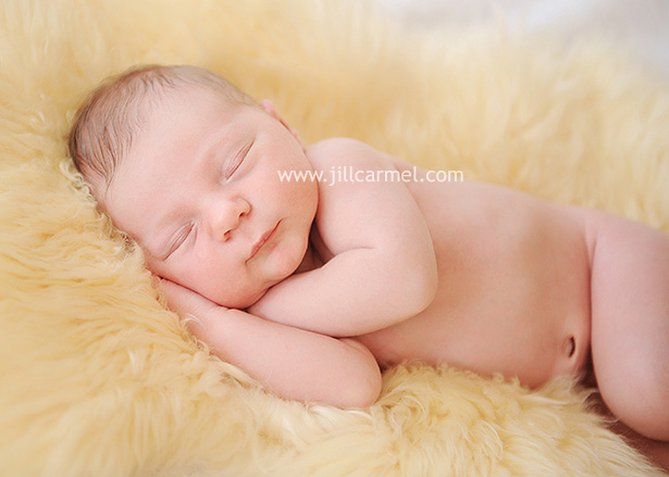 newborn baby cozy on a sheepskin