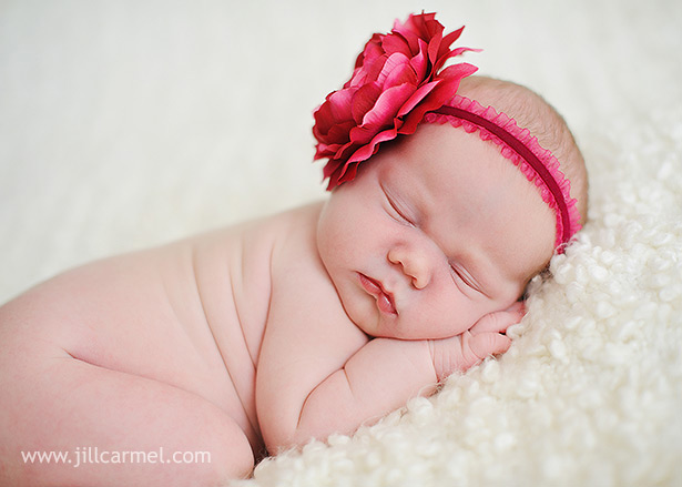 pretty pink rose headband on new baby sister