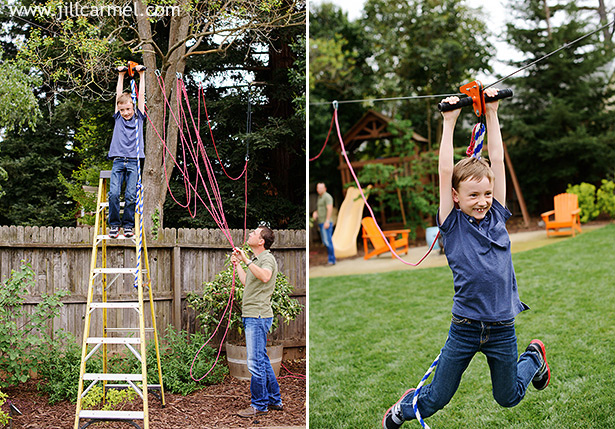 zip lining the back yard in sacramento for family pictures
