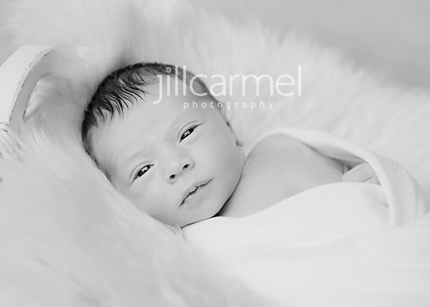 newborn baby with his eyes open for his portrait session in sacramento