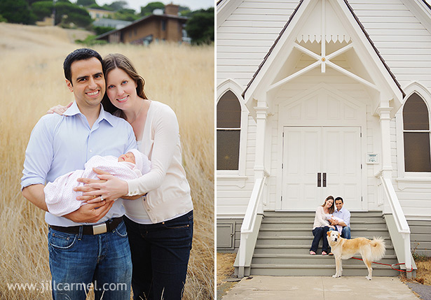 new mom and dad with their new baby in front of a tiburon church