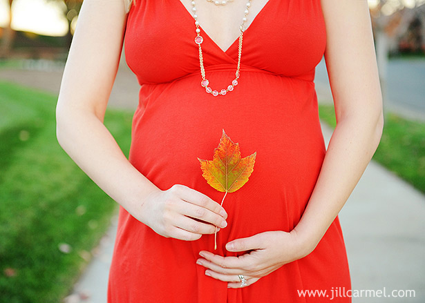 tree leaf over pregnant belly and orange dress