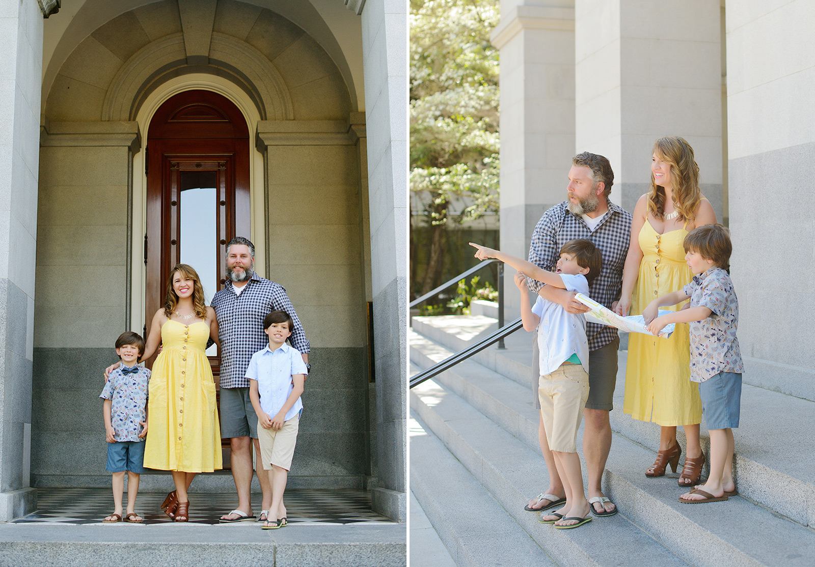 Family photos on steps pointing at scenery at the sacramento capitol