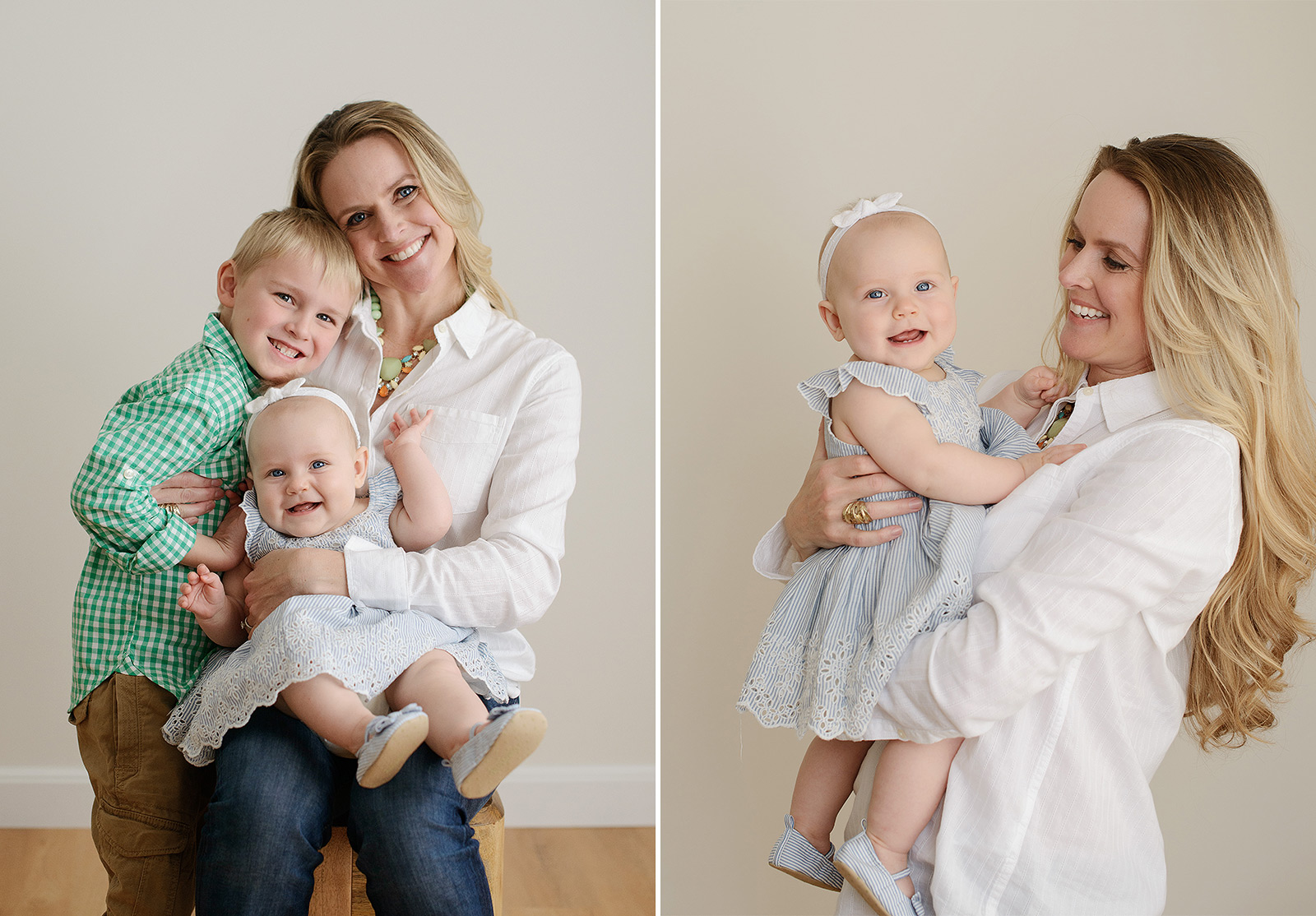 Mom and Baby Daughter and Son Hugging against White Background in Sacramento Studio