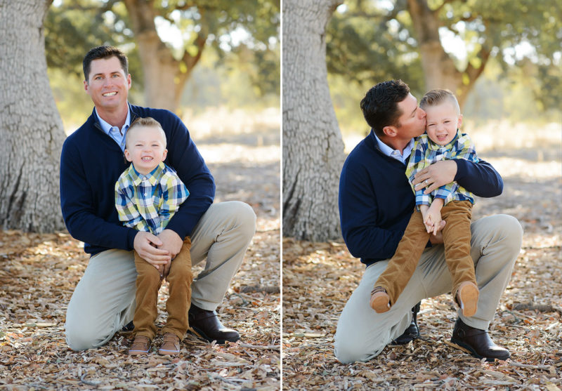 Father and Son Hugging and Kissing on Fall Leaves