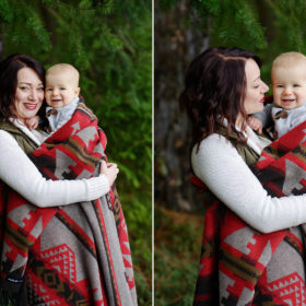 Mom and Baby Boy Getting Cozy in Southwestern Blanket in Pollock Pines Forest