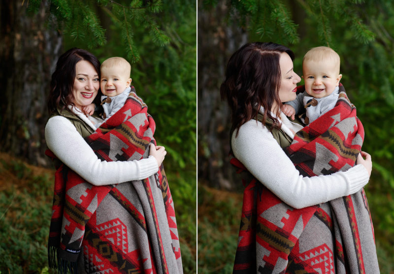 Mom and Baby Boy Getting Cozy in Southwestern Blanket in Pollock Pines Forest