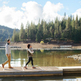 Family Walking Along Pollock Pines Lake Landscape