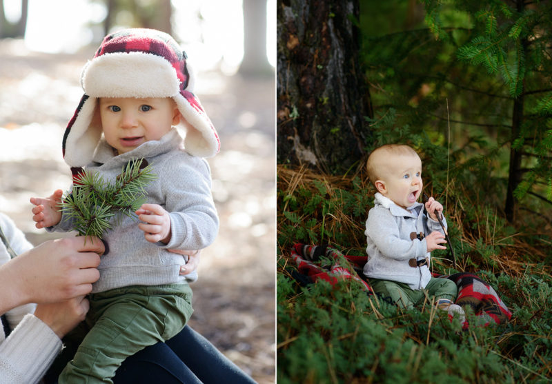 Baby Boy Wearing Flannel Fleece Hat Playing with Pine Leaves in Pollock Pines