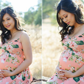 Maternity photo on yellow grass field in natural light