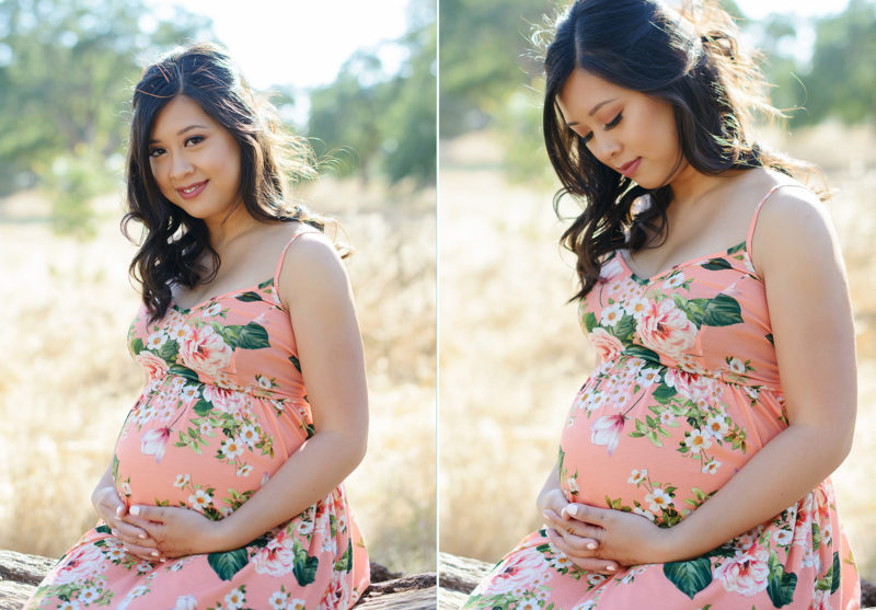 Maternity photo on yellow grass field in natural light