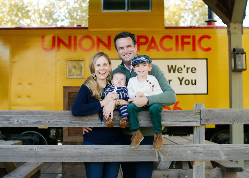 Family Posing in Front of Yellow Union Pacific Train in Old Sacramento