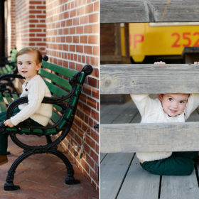 Boy Playing Peekaboo on Fence and Sitting on Green Bench in Old Sacramento