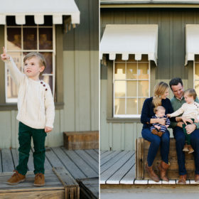 Older Brother Pointing and Standing on Wooden Crate in Old Sacramento