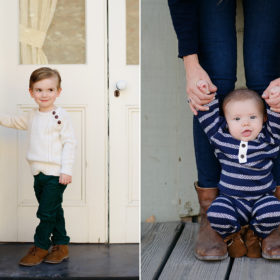 Baby Brother with Brown Boots Standing with Help from Mom in Old Sacramento