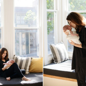 Mom and Newborn Snuggle by Window in San Francisco Home