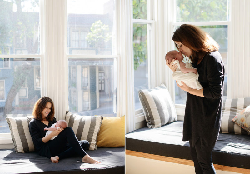 Mom and Newborn Snuggle by Window in San Francisco Home