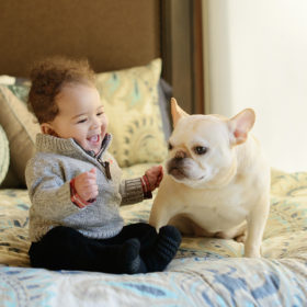Vince Carter Baby Boy with French Bulldog on Bed