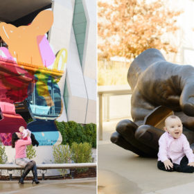 Baby and Mom Laughing in Front of Jeff Koons Sculpture in Golden 1 Center