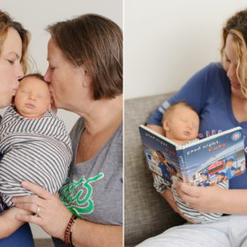 Baseball fan moms reading to baby boy