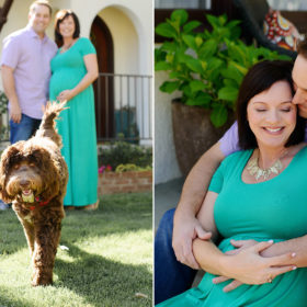 Pregnant couple looking at happy family dog