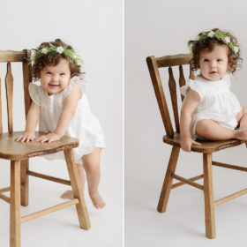 Baby Girl with Flower Crown Sitting and Standing on Wooden Chair
