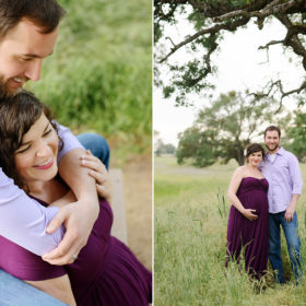 Couple maternity photos wearing purple dress in Folsom