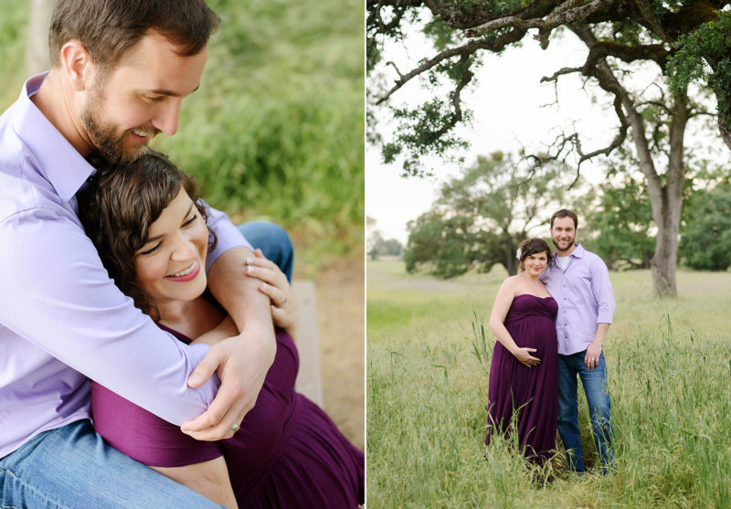 Couple maternity photos wearing purple dress in Folsom