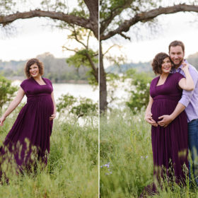 Maternity photos in purple dress in green field in Folsom