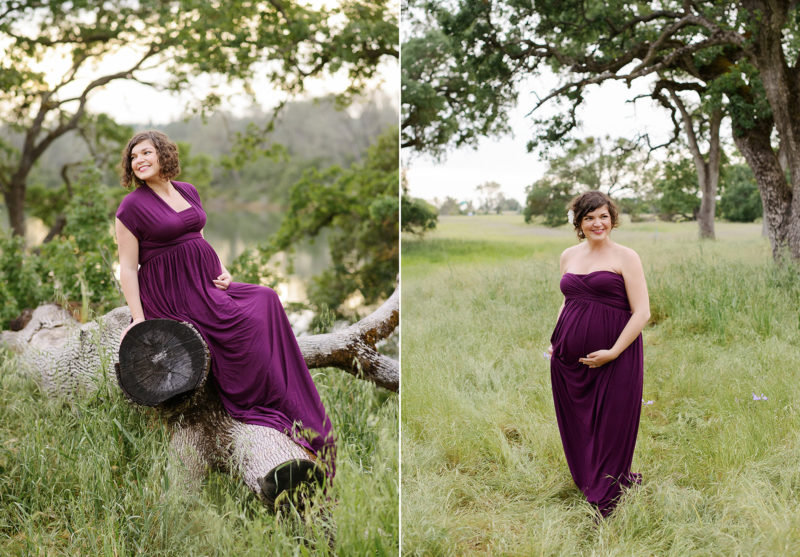 Maternity photos in green grassy field and fallen tree log in Folsom