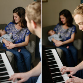 Dad plays the piano for newborn baby and mom