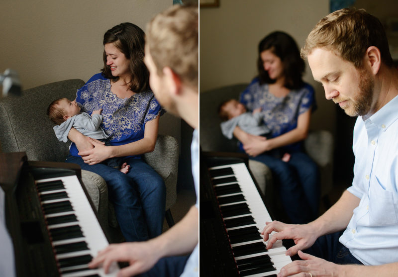 Dad plays the piano for newborn baby and mom