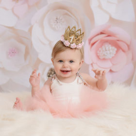 One year old girl wearing pink tutu and crown against floral backdrop