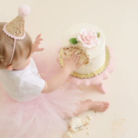Baby girl in pink tutu smashing cake from top