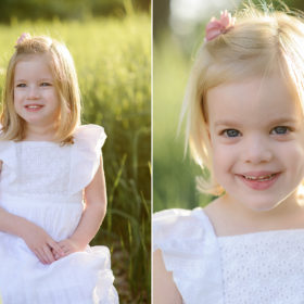 Daughters in white dresses smiling in grassy field during Spring in Sacramento