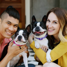 Colorful couple photo with their French Bulldogs at the Sacramento State Capitol
