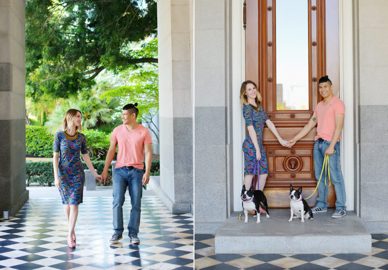 Couple photo session with their French Bulldogs in front of Sacramento State Capitol