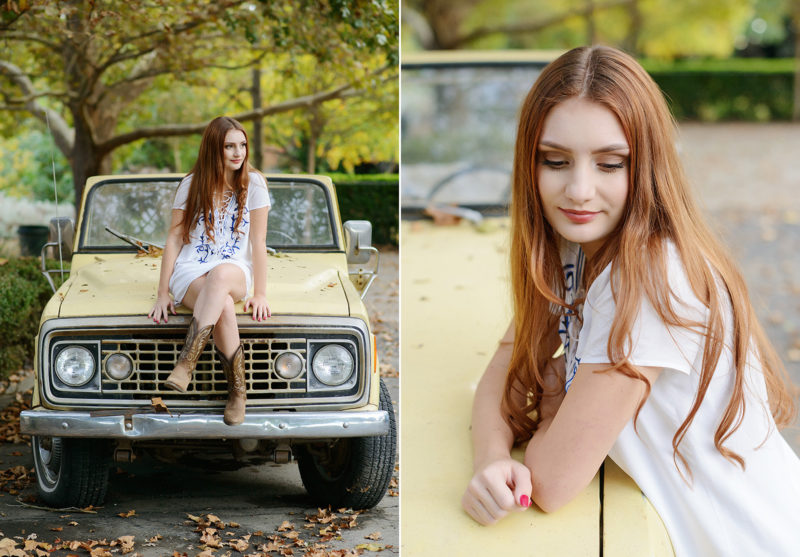 Senior Girl in Tunic and Cowboy Boots Sitting on Vintage Yellow Car
