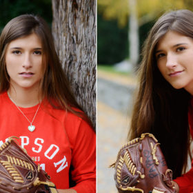 Senior girl portrait with softball mitt in Sacramento