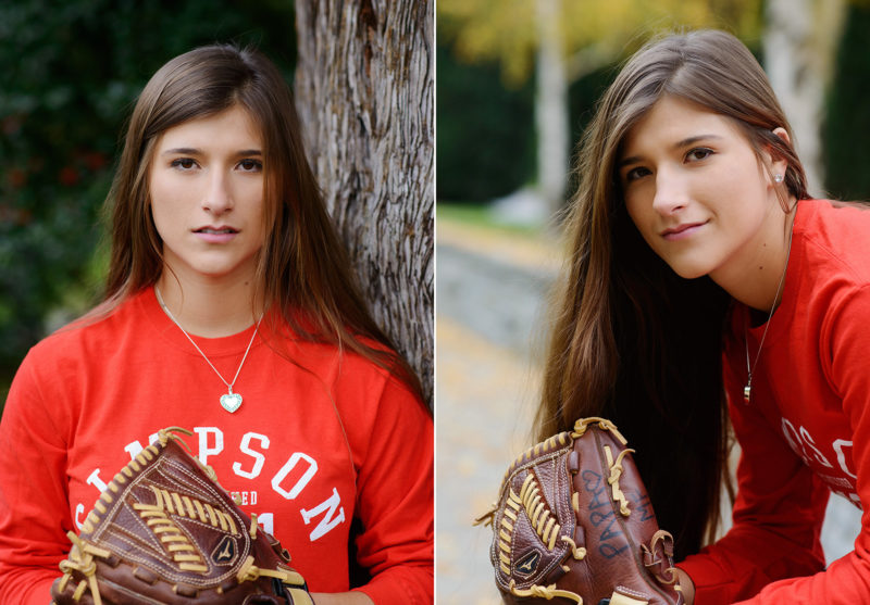 Senior girl portrait with softball mitt in Sacramento