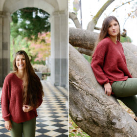 Senior portrait of teen girl in red sweater in State Capitol and outdoors on tree