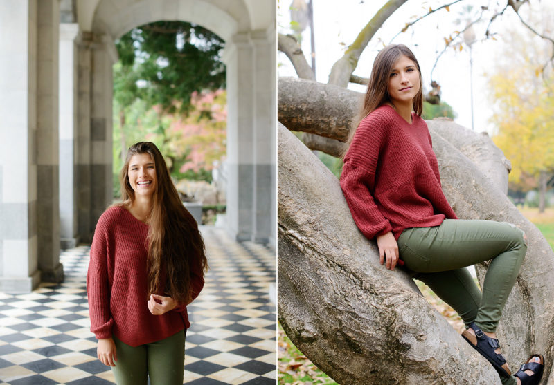 Senior portrait of teen girl in red sweater in State Capitol and outdoors on tree