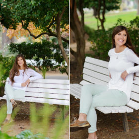 Senior portraits sitting on white bench in Sacramento