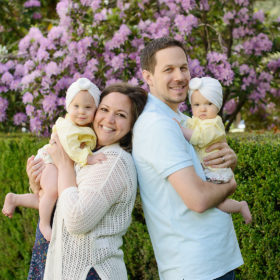 Family photos with twin baby girls outdoors with floors