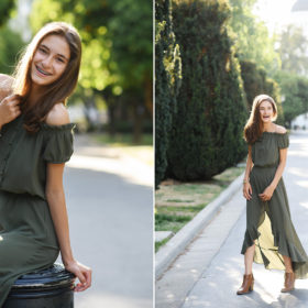 Senior girl wearing olive green smiling outdoors by trees in Sacramento