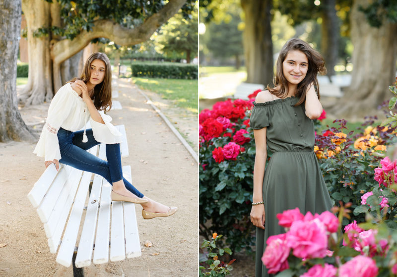 Senior girl posing on bench in State Capitol